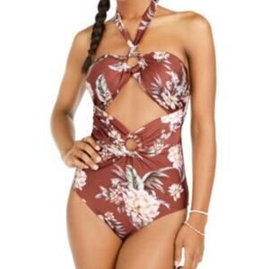 Bar III Luau Palm Floral Swimsuit Size Small Maroon Cutout One-Piece Halter New